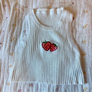 White Ribbed Tank Top Cropped Sweater Vest with Strawberry Embroidery